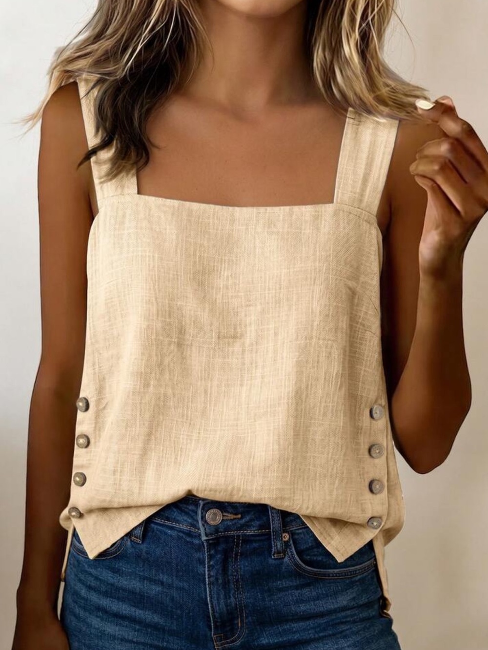 Linen-Blend Square Neck Tank Top in Beige - Picture 1 of 3